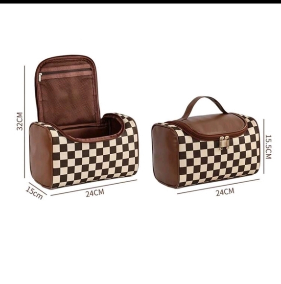 Brown Damier Luxury Designer Style Cosmetic/Makeup/Travel Bag/Case Vegan Leather - Picture 9 of 12